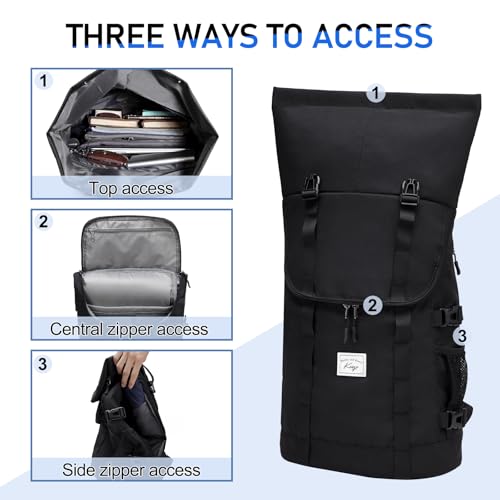 Kasqo Rolltop Backpack, 26L-33L Expandable 15.6” Laptop Backpack for Travel - color: Black