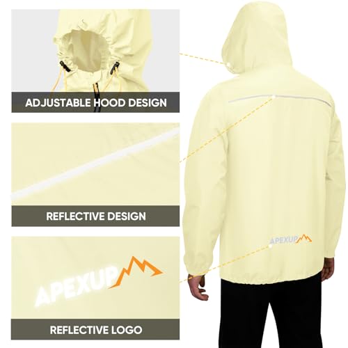 APEXUP Packable Rain Jacket Men Waterproof Lightweight Raincoat with Hood - color: Beige, size: Medium