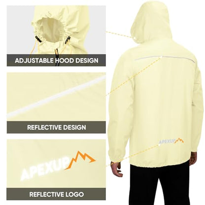 APEXUP Packable Rain Jacket Men Waterproof Lightweight Raincoat with Hood - color: Beige, size: Medium