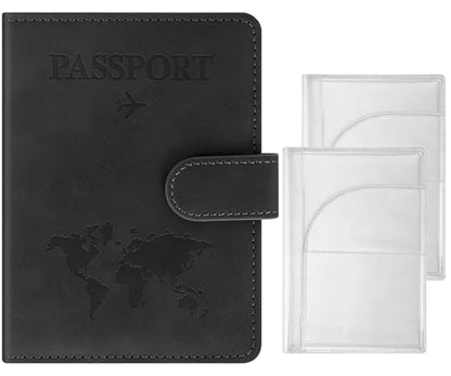 3-Pack Passport Holder + 2 PVC Covers, RFID, PU Leather(Black) - color: Black