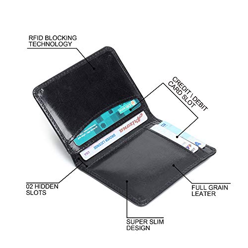 FOXHACKLE Full Grain Leather Credit Card Holder for Men and Women, Slim Bifold RFID Blocking Wallet, Thin Front Pocket Minimalist Wallet, Small Card Case. - color: Black
