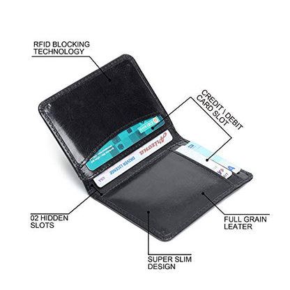FOXHACKLE Full Grain Leather Credit Card Holder for Men and Women, Slim Bifold RFID Blocking Wallet, Thin Front Pocket Minimalist Wallet, Small Card Case. - color: Black
