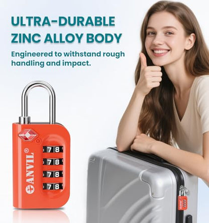 ANVIL TSA Approved Luggage Lock - 4 Digit Combination, 10,000 Combinations, Easy-Read Password Window, Travel Lock for Suitcases, Backpacks, Gym & Student Lockers, Baggage - color: ALL COLORS