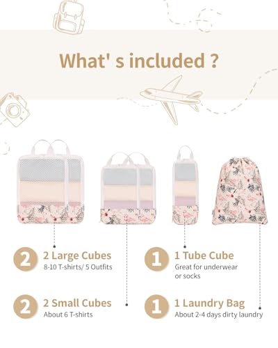 Narwey Compression Packing Cubes for Travel, Cute Luggage Organizer Bags - color: Y-Beige Flamingo