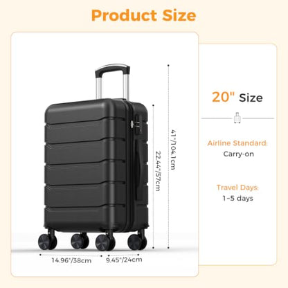 NEWBULIG 20 Inch Carry on Luggage, Hard Shell Suitcase, Black - color: Black, size: 20 Inch