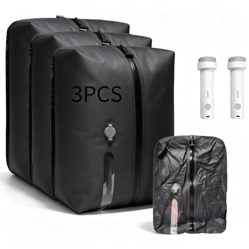Storage Bags for Travel with Wireless Rechargeable Air Pump, Travel Essentials Space Saver Compression Bag for Luggage, Suitcase, Backpack, Vacuum Seal Bags for Home Storage Clothing 3-Pack