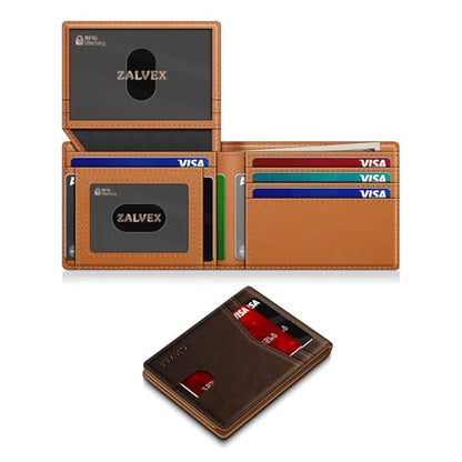ZALVEX Wallet for Men Slim RFID Blocking Leather Credit Card Holder Wallet - color: Coffee + Brown