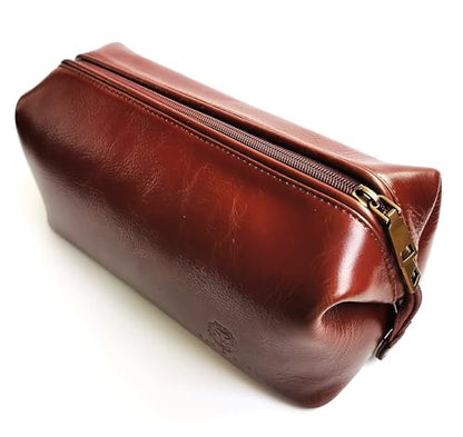 MAN & MANE Premium Leather Toiletry Bag, Cognac Brown