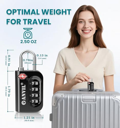 ANVIL TSA Approved Luggage Lock - 4 Digit Combination, 10,000 Combinations, Easy-Read Password Window, Travel Lock for Suitcases, Backpacks, Gym & Student Lockers, Baggage - color: BLACK 2 PACK