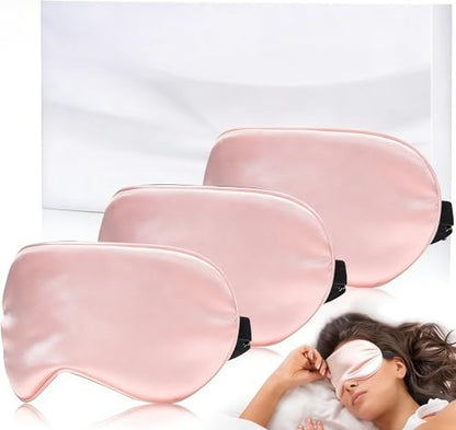 Sleep Mask Silk Eye Mask for Sleeping, Super Soft Blackout Eye Mask for Women Men, Side Sleeper Covers for Sleeping with Adjustable Straps, Travel Sleep Mask, 3 Pack - color: Pink