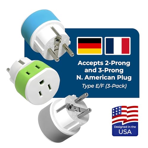 OREI Germany, France, Schuko Power Plug Adapter with 2 USA Inputs - Travel 3 Pack- Type E/F (US-9) Safe Grounded Use with Cell Phones, Laptop, Camera Chargers, CPAP, and More - style: Type E/F -Germany,France