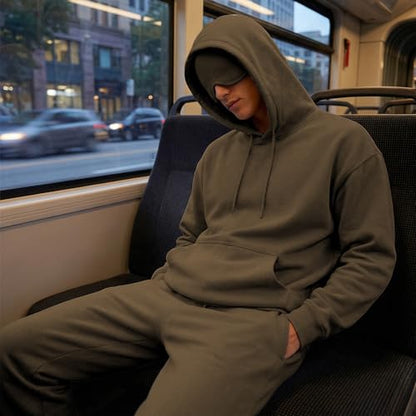 Ainangua Mens Oversized Pullover Essentials Hoodie with Eye Mask Built In Comfor Airplane Mode Travel Sleep Wearable Blanket(Brown,L)