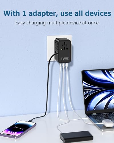 FOVAL 유럽 여행용 플러그 어댑터, 접이식 USB C 케이블이 있는 범용 여행용 어댑터, 유럽 이탈리아 영국 미국 AUS (70W) 용 올인원 국제 전원 어댑터 - size: 70W