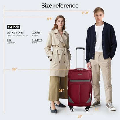 24'' Luggage,Softside Suitcase,w/LOCK,Expandable 15% - color: Burgundy-Grey, size: Checked-Medium 24-Inch
