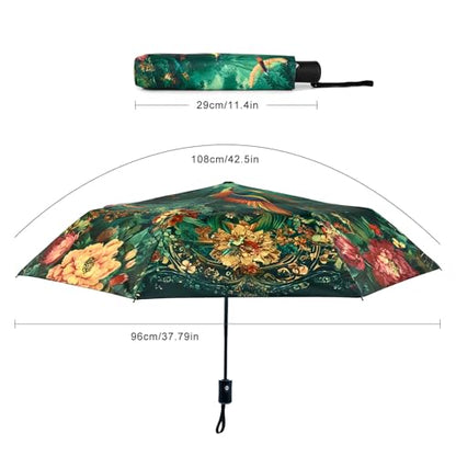 Windproof Travel Umbrella Folding Compact Automatic Umbrellas for Women Men Rain Sun - color: Flower and Birds