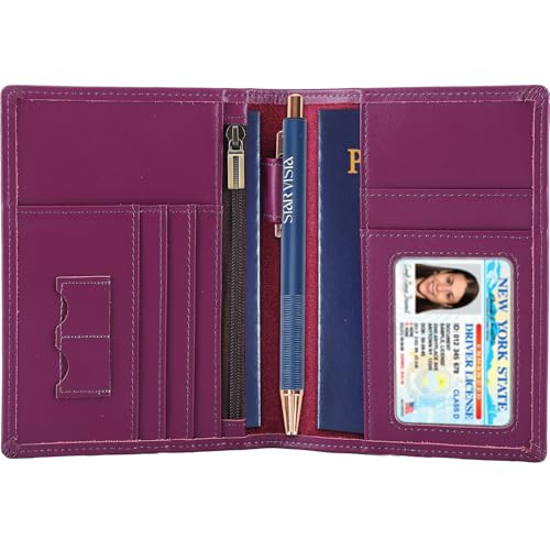 STAR VISTA Phoenix Leather Passport Holder, Calfskin Travel Wallet - RFID Blocking, ID Window, Zipper Pocket, Pen & Notebook Included, Violet - color: Purple B