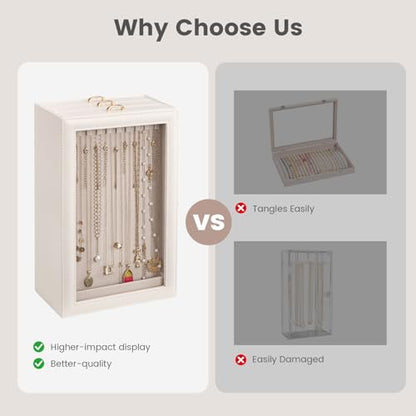 Lolalet Necklace Organizer Box, Jewelry Display Case, White, 3 Layers - color: White, size: 3 Layers, 30 Hooks