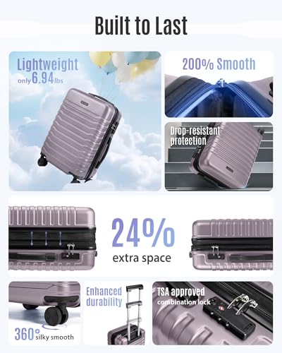 LIGHT FLIGHT Expandable 20" Carry On Luggage 22x14x9, TSA Lock, Rose Purple - color: Rose Purple