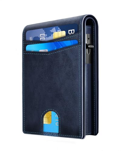 QLD Wallet for Men - RFID Blocking [Functional & Practical] Bifold Slim Minimalist Credit Card Holder Pop Up Metal Case with Cash Slot, Front Pocket with ID Window, Gift Boxed - color: Navy