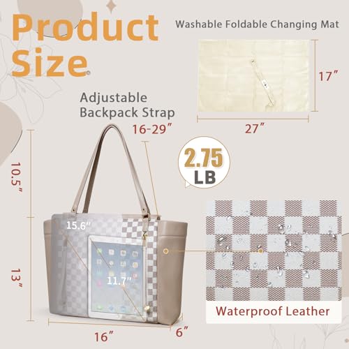 miss fong Checkered Diaper Bag Tote Leather Diaper Bag Backpack, Large Capacity Mommy Bag Hospital Bag, 12 Pockets Travel Diaper Tote with Changing Pad for Mom Plaid Tote Bag for Women-Beige&Honey - color: Beige&honey
