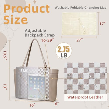 miss fong Checkered Diaper Bag Tote Leather Diaper Bag Backpack, Large Capacity Mommy Bag Hospital Bag, 12 Pockets Travel Diaper Tote with Changing Pad for Mom Plaid Tote Bag for Women-Beige&Honey - color: Beige&honey