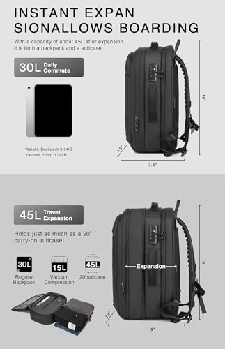 45L Travel Backpack with Vacuum Compression System Fits 16" Laptop | Expandable Carry On Backpack with Pump, Water Resistant, TSA Lock, Vacuum Backpack for Travel & Business - color: Black B