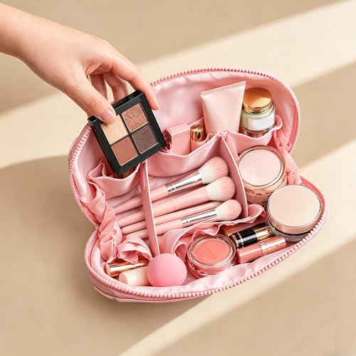 Travel parallel vertical Makeup Bag with Fold-Down Design and Adjustable Dividers,upright Cosmetic Toiletry Bags Pink - color: Pink