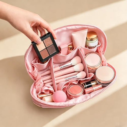 Travel parallel vertical Makeup Bag with Fold-Down Design and Adjustable Dividers,upright Cosmetic Toiletry Bags Pink