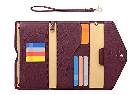ZOPPEN Passport Holder Women Travel Wallet (Ver.5) for Women Rfid Blocking Passport Cover Case Document Organizer Wrist Strap - color: Wine Red
