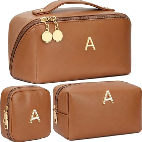 Personalized Initial Make Up Bag for Women Teen Girls Toiletry Organizer - color: Brown