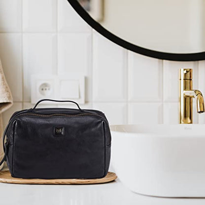 Leather Toiletry Bag Dopp Kit for Men Women Travel Shaving Pouch Organiser - color: Black