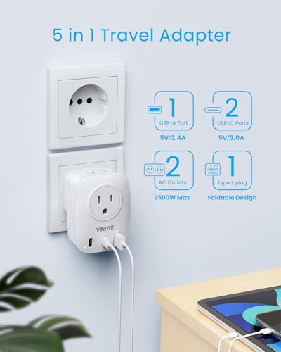 VINTAR Foldable Italy Travel Plug Adapter, 2 Pack Type L Adapter with USB-C - style: Type L-Foldable-Italy Chile