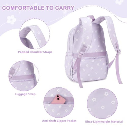 Quilted Backpack for Girls with Lunch Box Pencil Case - color: Purple Flowers