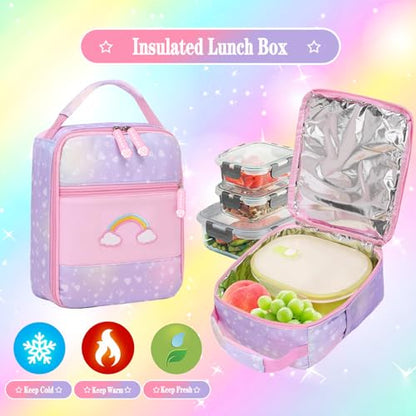 Jcobvig 3Pcs Girls Rainbow School Backpack with Lunch Bag for Elementary - color: Purple, size: Large