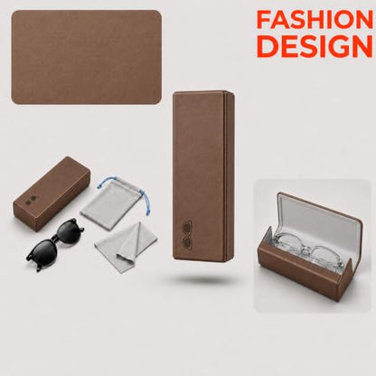 Double Sided Glasses Case Hard Shell,Sunglasses Case & Eyeglass Case with Cleaning Cloth & Storage Pouch - color: Brown