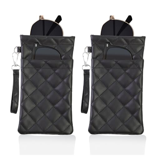 Double Eyeglass Case Soft Dual Glasses Case for Women Men Travel Squeeze Top Sunglasses Cases Eyeglasses Pouch - color: Black+black