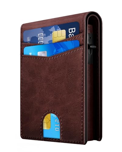 QLD Wallet for Men - RFID Blocking [Functional & Practical] Bifold Slim Minimalist Credit Card Holder Pop Up Metal Case with Cash Slot, Front Pocket with ID Window, Gift Boxed - color: Cognac