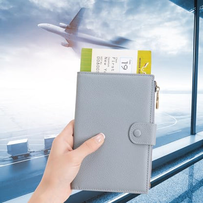 Leather Passport Cover Wallet Travel Essentials Holder with Zipper Pocket - color: Light Blue