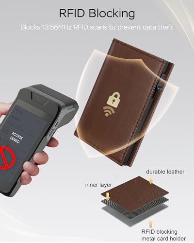 RFID Wallet for Men Minimalist Slim Smart Pop Up Credit Card Holder - color: Brown