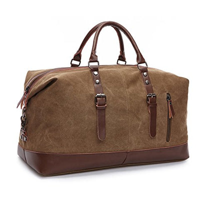 Coffee Canvas PU Leather Travel Tote Duffel Bag Carry on Bag Weekender Overnight Bag 21.3'' L x 13'' H x 9.4'' D - color: Coffee