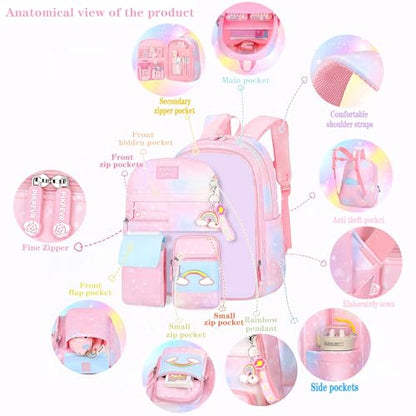 Jcobvig 3Pcs Girls Rainbow School Backpack with Lunch Bag for Elementary - color: Pink, size: Large