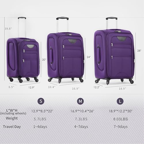 Merax Suitcase Set Softside 3-Piece Expandable Luggage with Travel Bag - color: Purple(22/26/30/Bags)