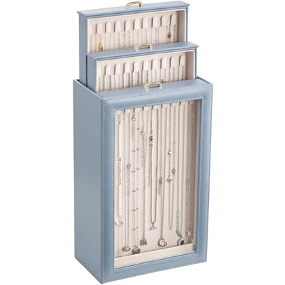 Lolalet Necklace Organizer Box, Jewelry Display Case, Blue, 3 Layers - color: Dusty Blue, size: 3 Layers, 30 Hooks
