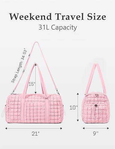 Quilted Travel Duffle Bag Puffer Weekender Bag Overnight Bag Duffel Gym Bag - color: Light Pink
