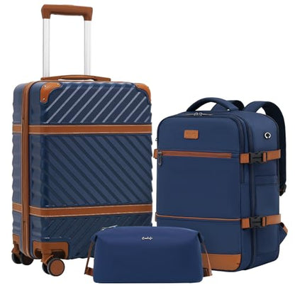 Coolife PC Hardshell Luggage, TSA Lock, Spinner, 3-Piece Set with Backpack - color: Navy, size: 3 piece set (BP/TB/20)