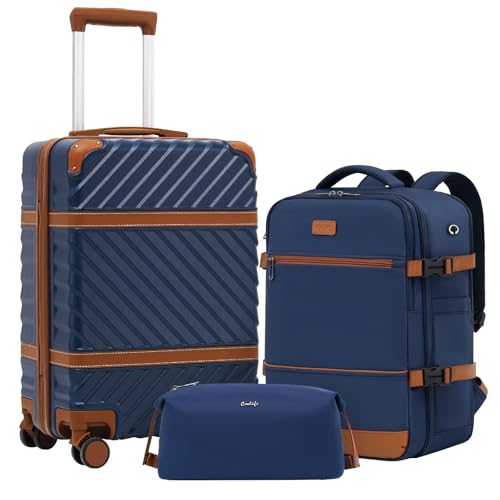Coolife PC Hardshell Luggage, TSA Lock, Spinner, 3-Piece Set with Backpack - color: Navy, size: 3 piece set (BP/TB/20)