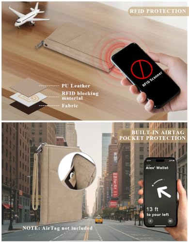 가족 여권 홀더 지갑 RFID 여행 문서 정리함, 여성용 남성용, 카드용 휴대용 케이스 커버, 손목 및 목 스트랩이 있는 탑승권, 에어태그 포켓, 여행 필수품 선물, 샌드, 클래식 - color: 샌드