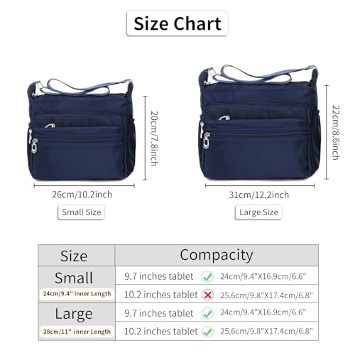 Crossbody Bag for Women Waterproof Shoulder Bag Multi Pockets Nylon Purse - color: Navyblue-s