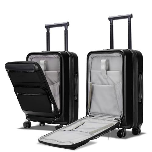 20 Inch Softside Suitcase with Spinner wheels, Carry on Luggage with & USB Port,Hybrid Soft Front & Hard Shell Large Checked Luggage with TSA Lock, Black - color: Black, size: 20 Inch