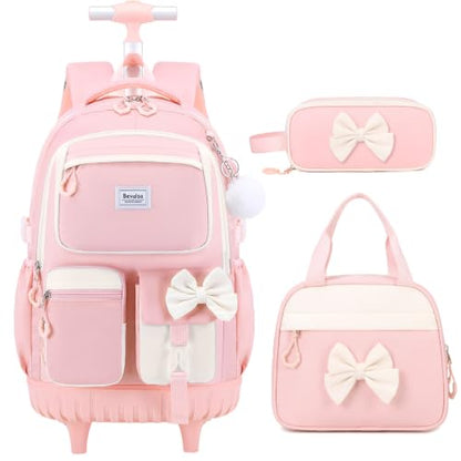 Bevalsa Rolling Backpack for Girls, Roller Backpack with Wheels | Cute Bow Wheeled School Bookbag Set with Lunch Bag & Pen Case, Suitcases for Kids Teens Elementary Middle Student - color: Pink Beige